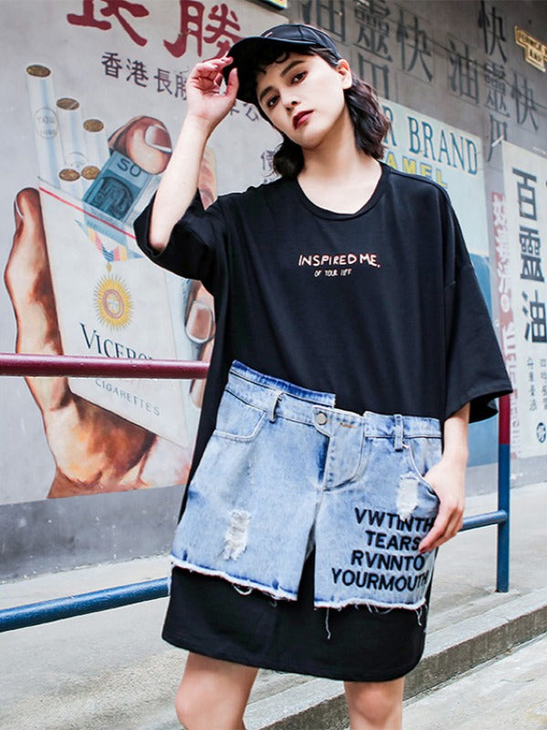 Stylish Loose Cropped Jean Splicing Print T-Shirt