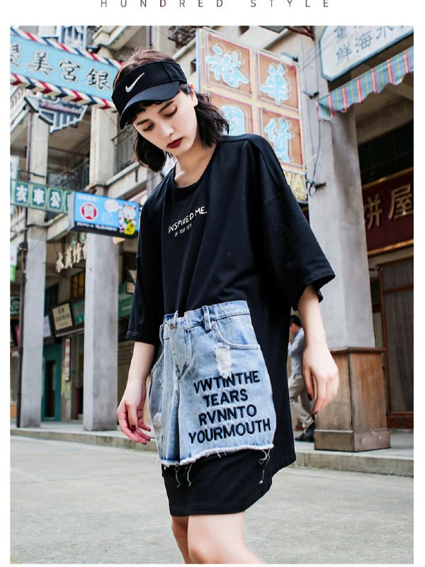Stylish Loose Cropped Jean Splicing Print T-Shirt
