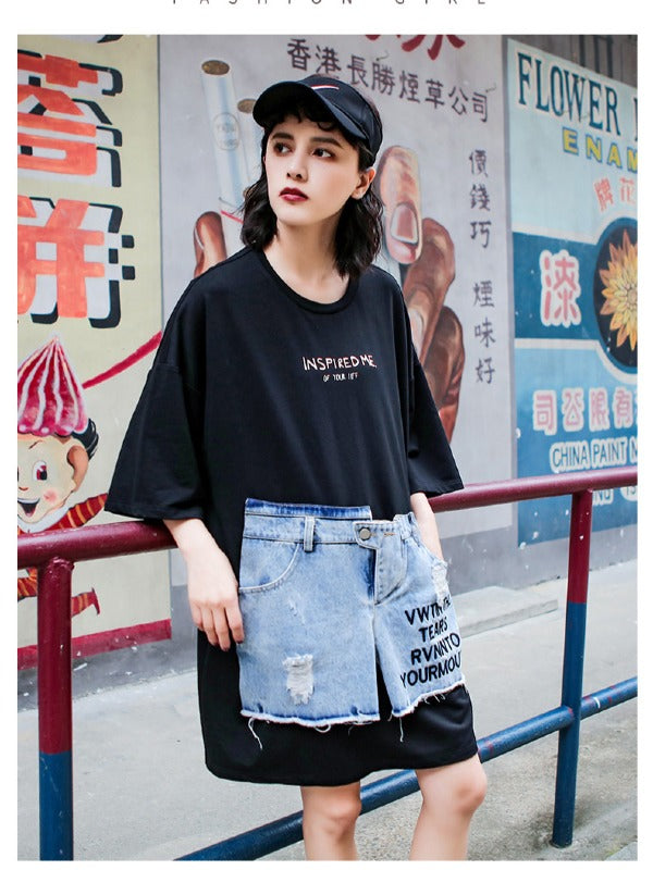 Stylish Loose Cropped Jean Splicing Print T-Shirt