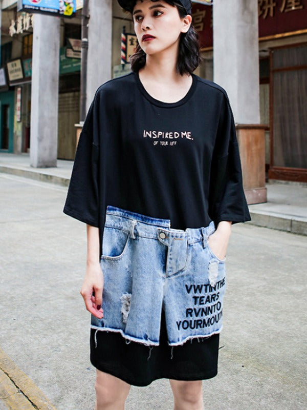 Stylish Loose Cropped Jean Splicing Print T-Shirt