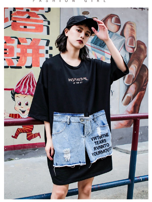 Stylish Loose Cropped Jean Splicing Print T-Shirt