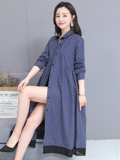 Printed Twist Shirt Lapel Midi Dress