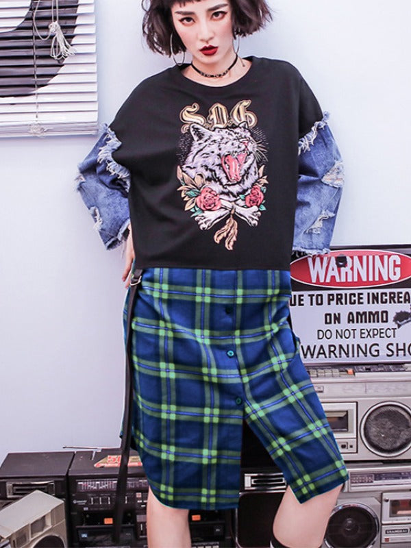 Stylish Jean Splicing Hip-Hop Printed Plaid False Two Dress