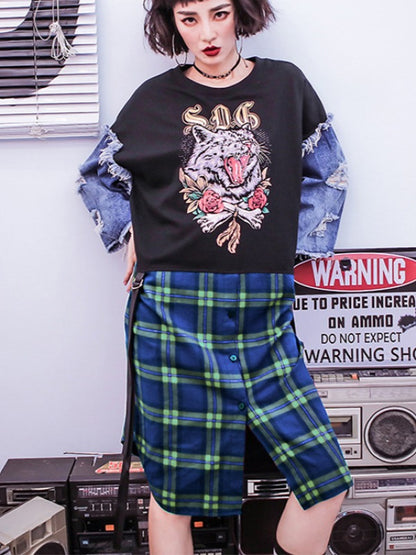 Stylish Jean Splicing Hip-Hop Printed Plaid False Two Dress