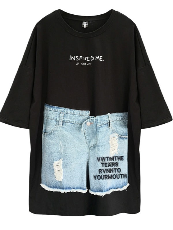 Stylish Loose Cropped Jean Splicing Print T-Shirt