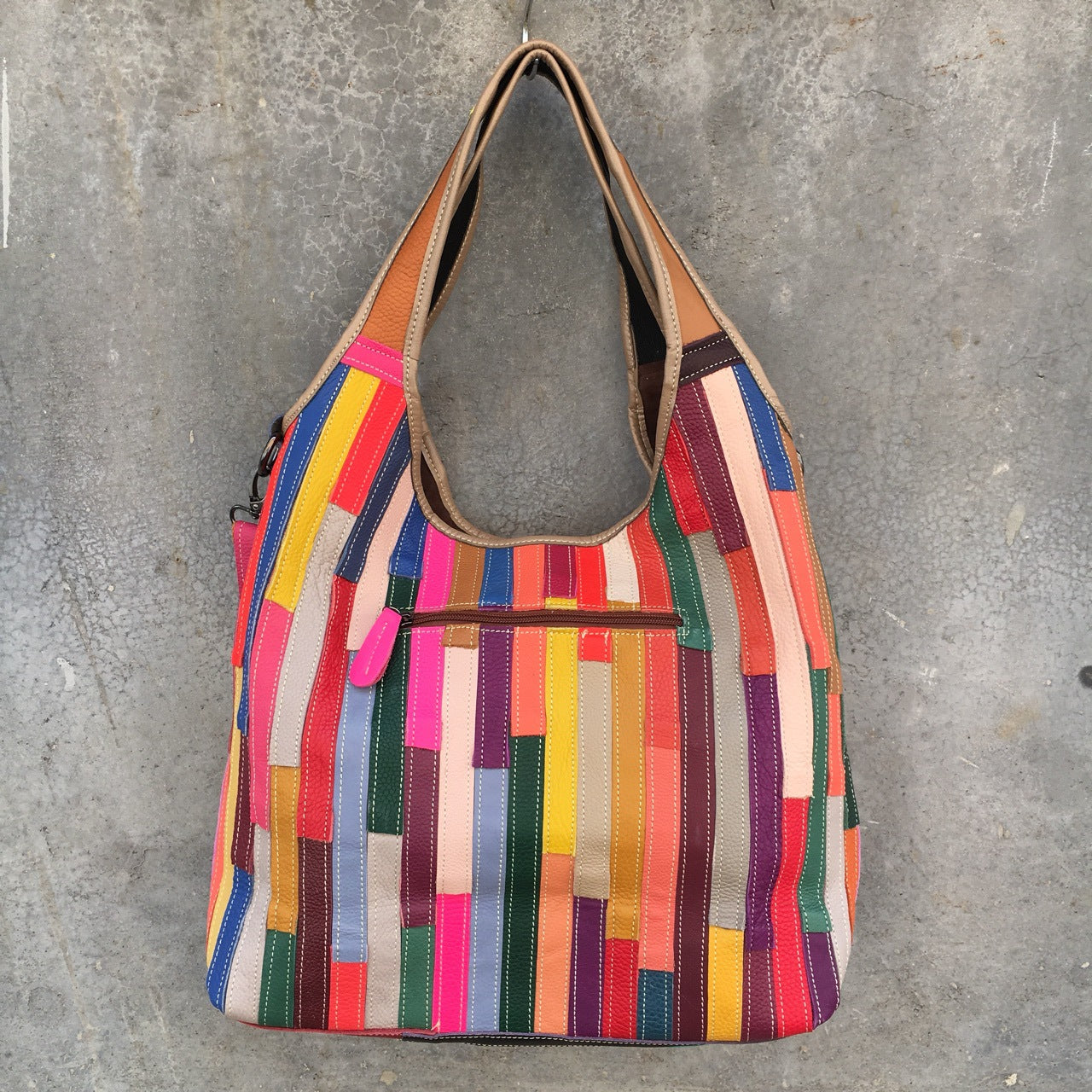 Leather women's bag, one shoulder messenger bag, leather stripe splicing color bag