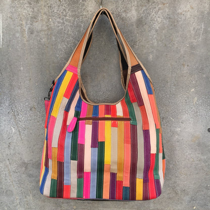 Leather women's bag, one shoulder messenger bag, leather stripe splicing color bag