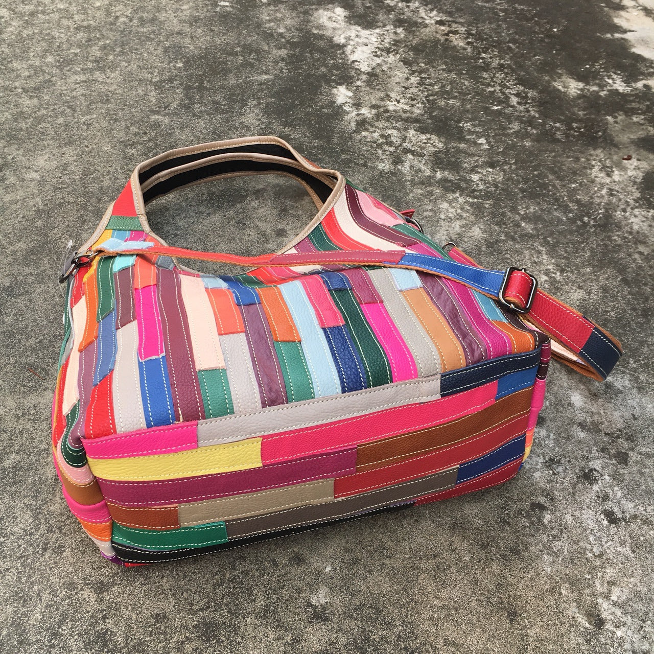 Leather women's bag, one shoulder messenger bag, leather stripe splicing color bag