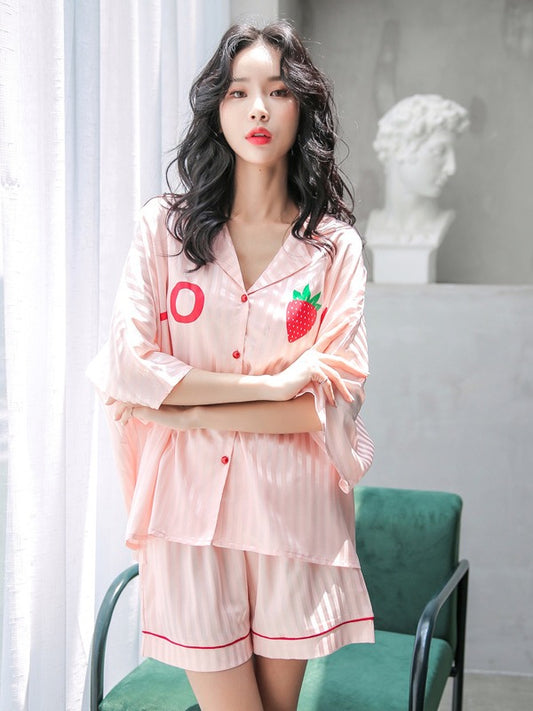 TWO-PIECES COMFORTABLE ICE SILK LOOSE STRAWBERRY PRINT PYJAMAS SUIT