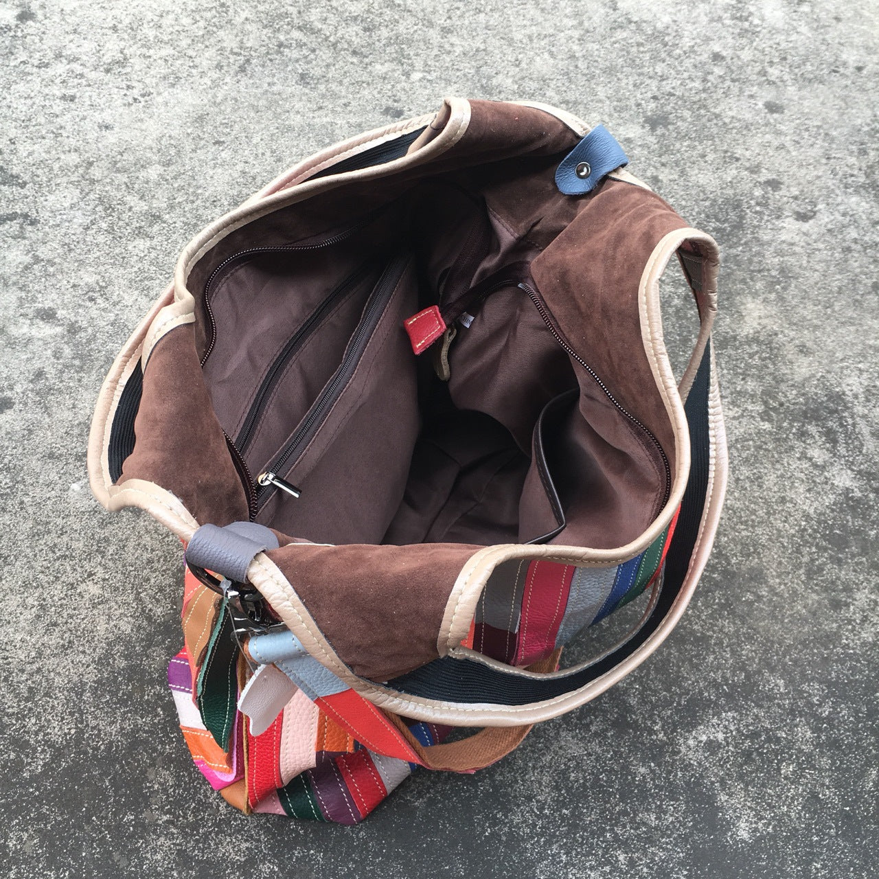 Leather women's bag, one shoulder messenger bag, leather stripe splicing color bag