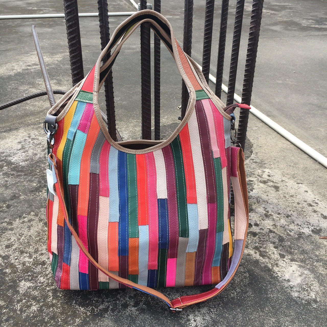 Leather women's bag, one shoulder messenger bag, leather stripe splicing color bag