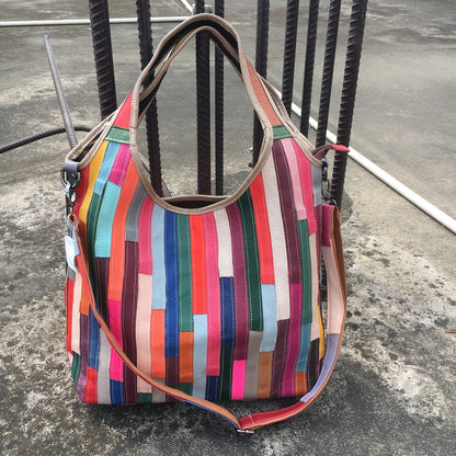 Leather women's bag, one shoulder messenger bag, leather stripe splicing color bag