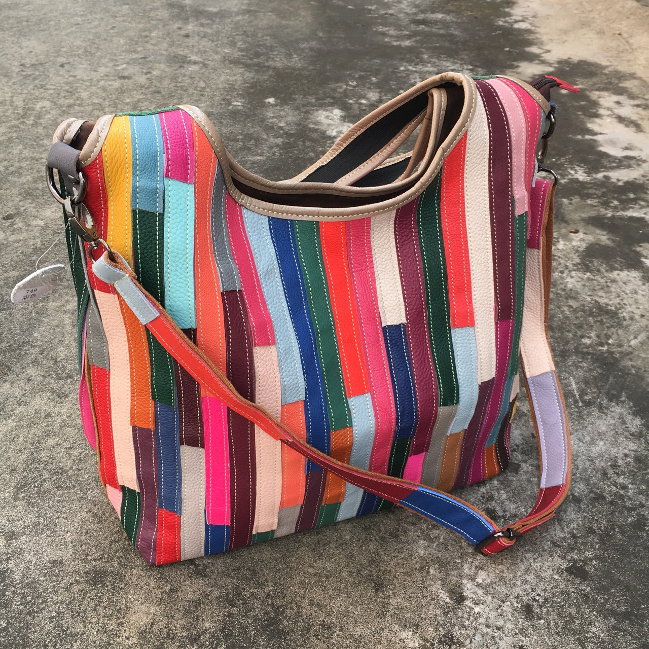 Leather women's bag, one shoulder messenger bag, leather stripe splicing color bag