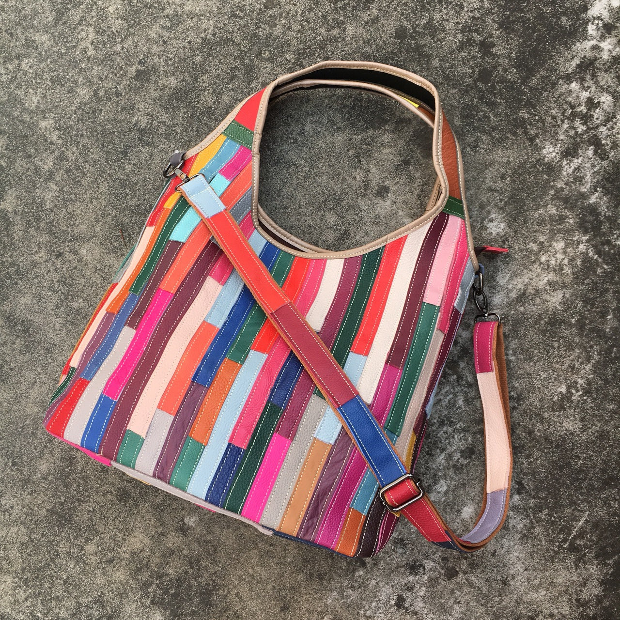 Leather women's bag, one shoulder messenger bag, leather stripe splicing color bag
