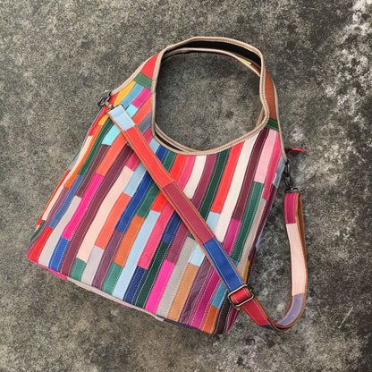 Leather women's bag, one shoulder messenger bag, leather stripe splicing color bag