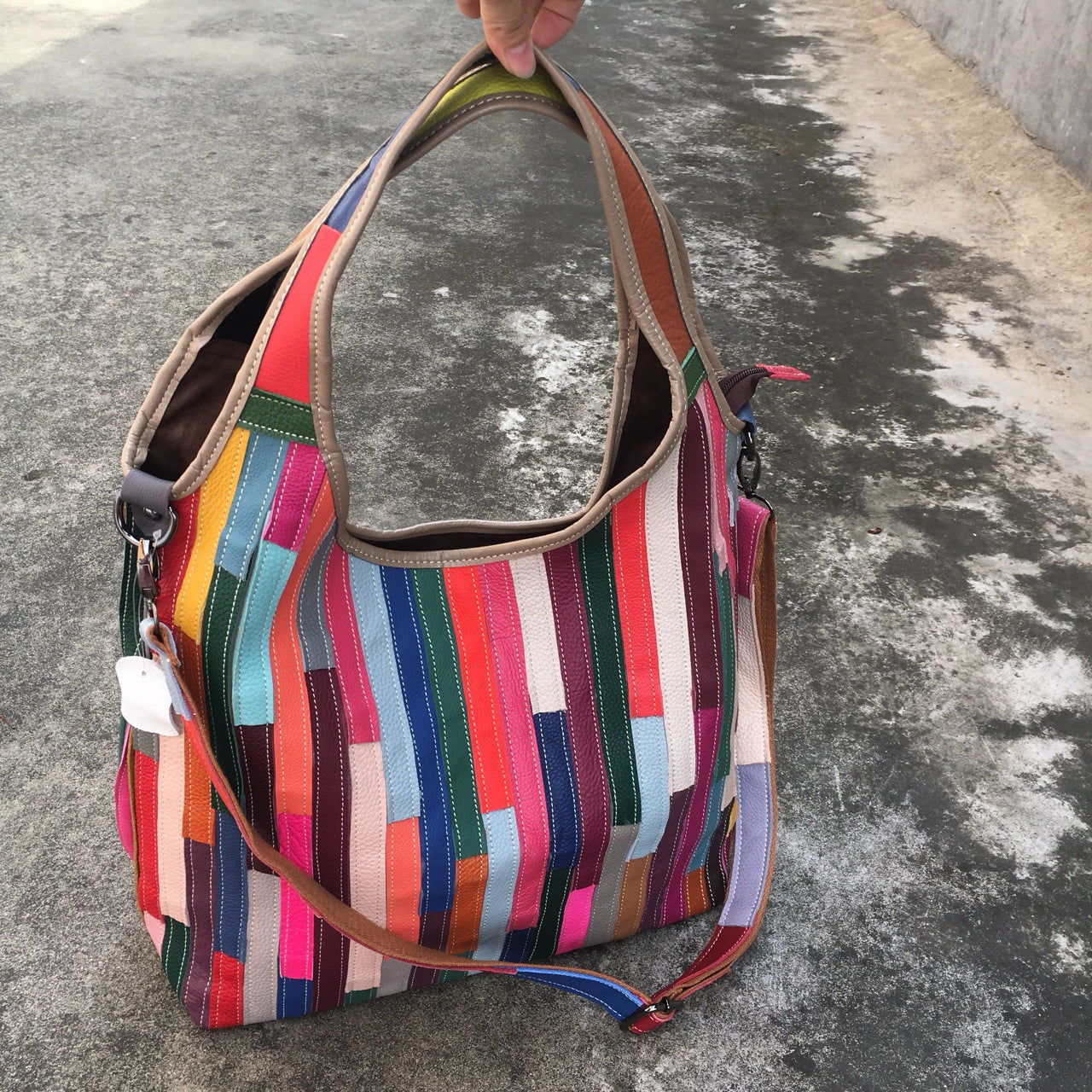 Leather women's bag, one shoulder messenger bag, leather stripe splicing color bag