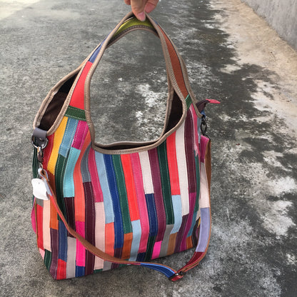 Leather women's bag, one shoulder messenger bag, leather stripe splicing color bag