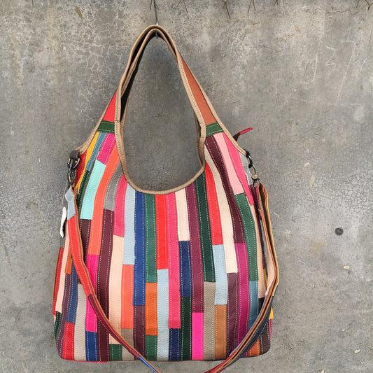 Leather women's bag, one shoulder messenger bag, leather stripe splicing color bag