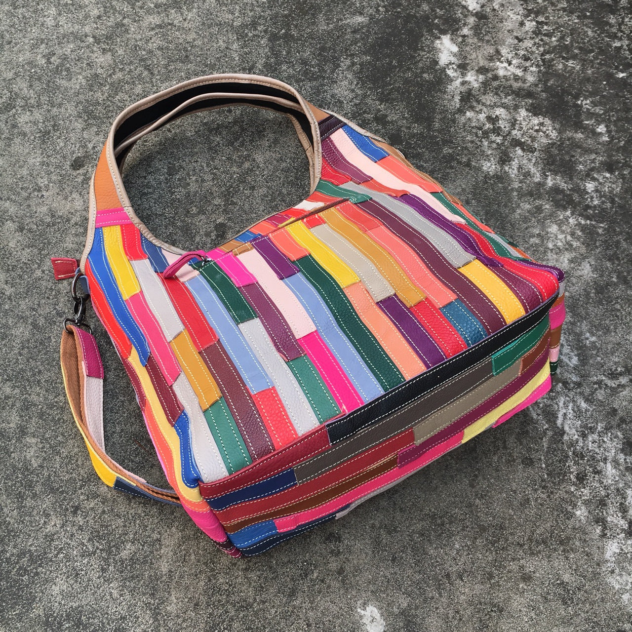 Leather women's bag, one shoulder messenger bag, leather stripe splicing color bag