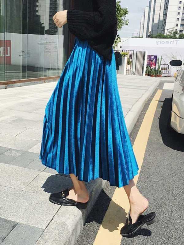 Solid Color High-Waist Pleated A-Line Skirt