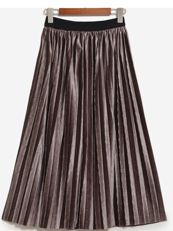 Solid Color High-Waist Pleated A-Line Skirt
