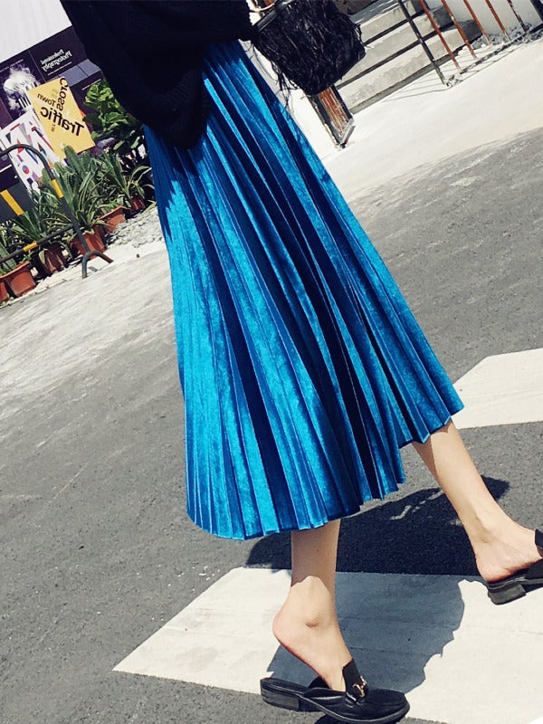 Solid Color High-Waist Pleated A-Line Skirt