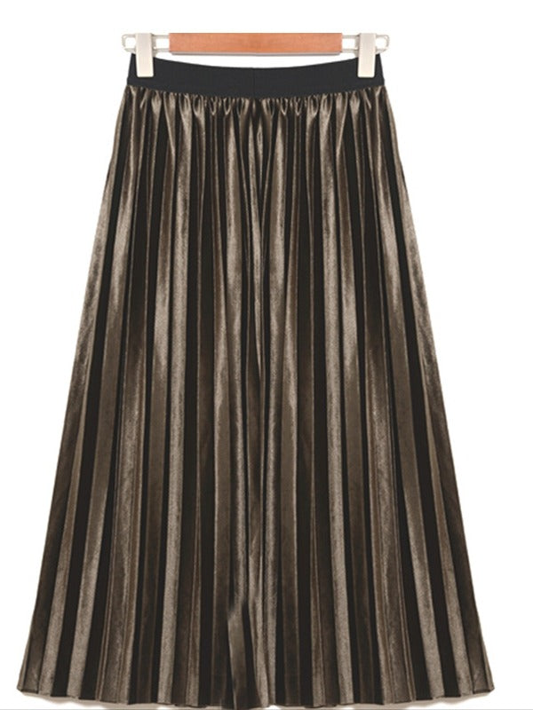 Solid Color High-Waist Pleated A-Line Skirt