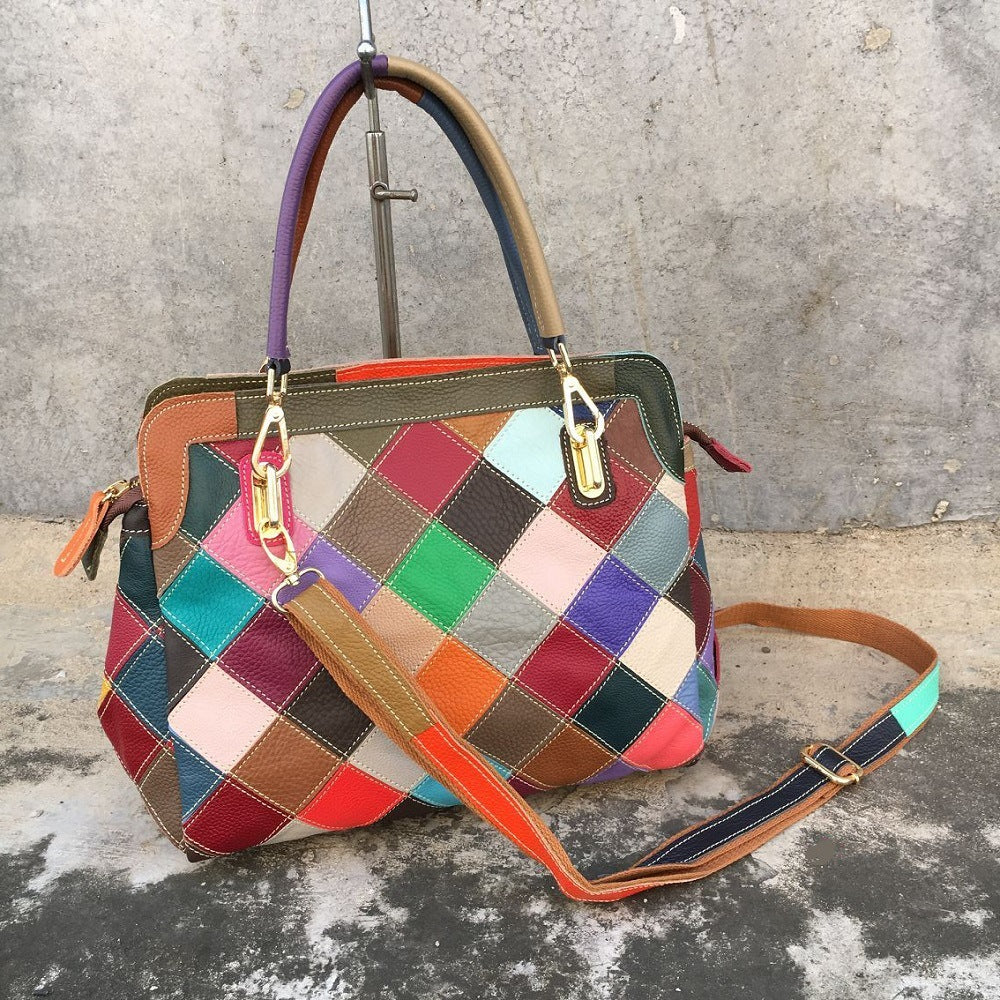 Leather color matching cow leather bag women's bag