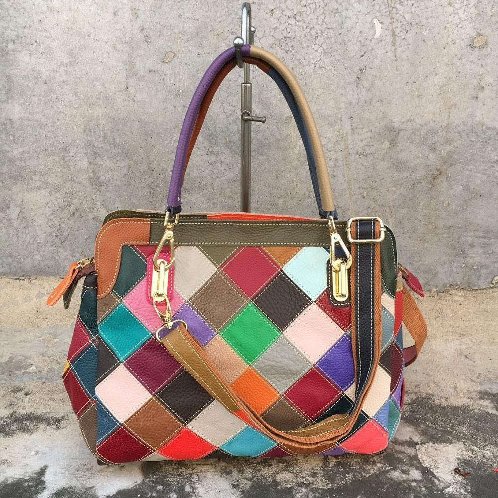 Leather color matching cow leather bag women's bag