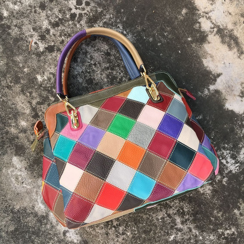 Leather color matching cow leather bag women's bag