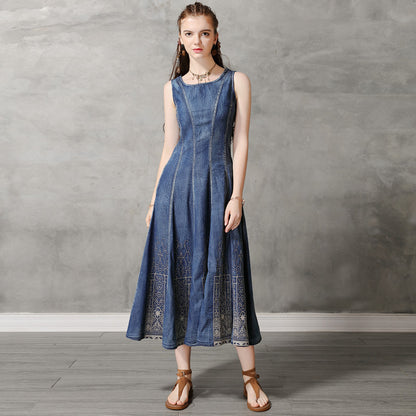 Summer new round neck vest dress retro embroidery slim denim dress
