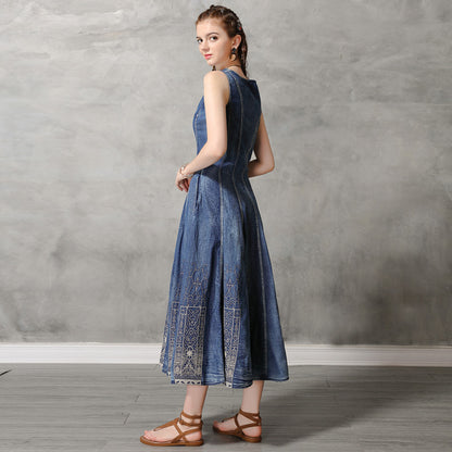 Summer new round neck vest dress retro embroidery slim denim dress