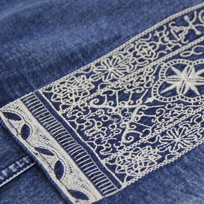 Summer new round neck vest dress retro embroidery slim denim dress