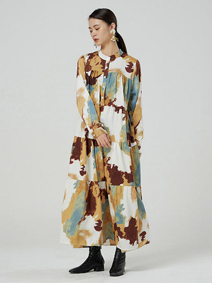 Original Graffiti Contrast Color Tie-Dyed Buttoned Pleated Stand Collar Long Sleeves Maxi Dress