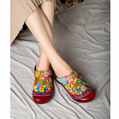 Leather Handmade Flower Patterns Retro Flat-soled Sandals