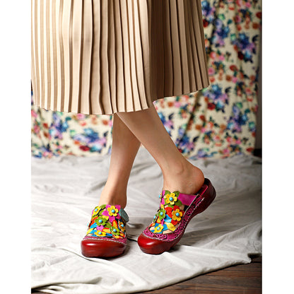 Leather Handmade Flower Patterns Retro Flat-soled Sandals