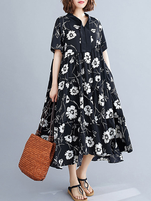 Artistic Retro Loose Floral Printed Pleated Midi Dress