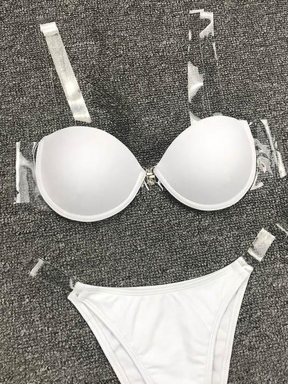 Solid Color See-Through Bandage Split Bikini Swimsuit