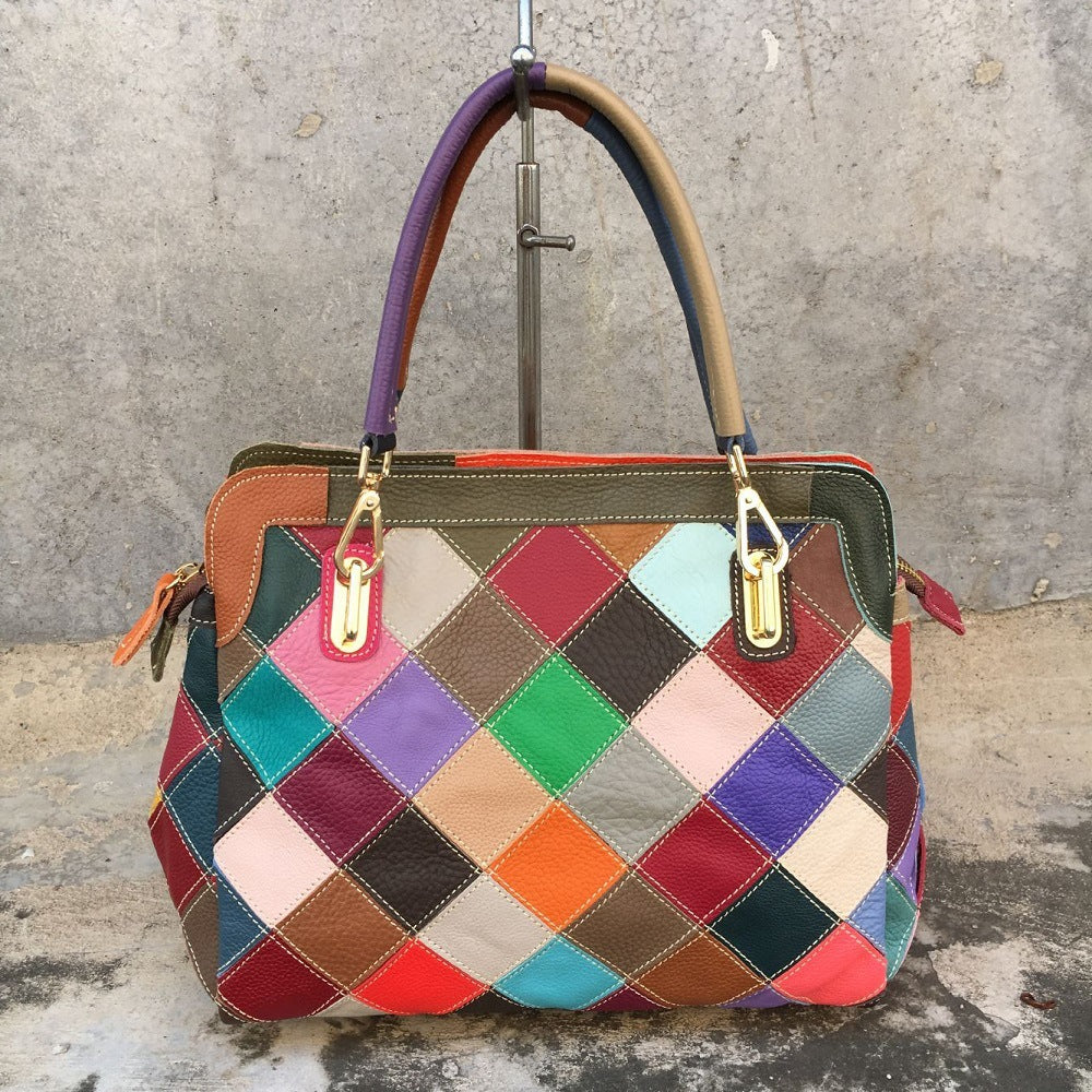 Leather color matching cow leather bag women's bag