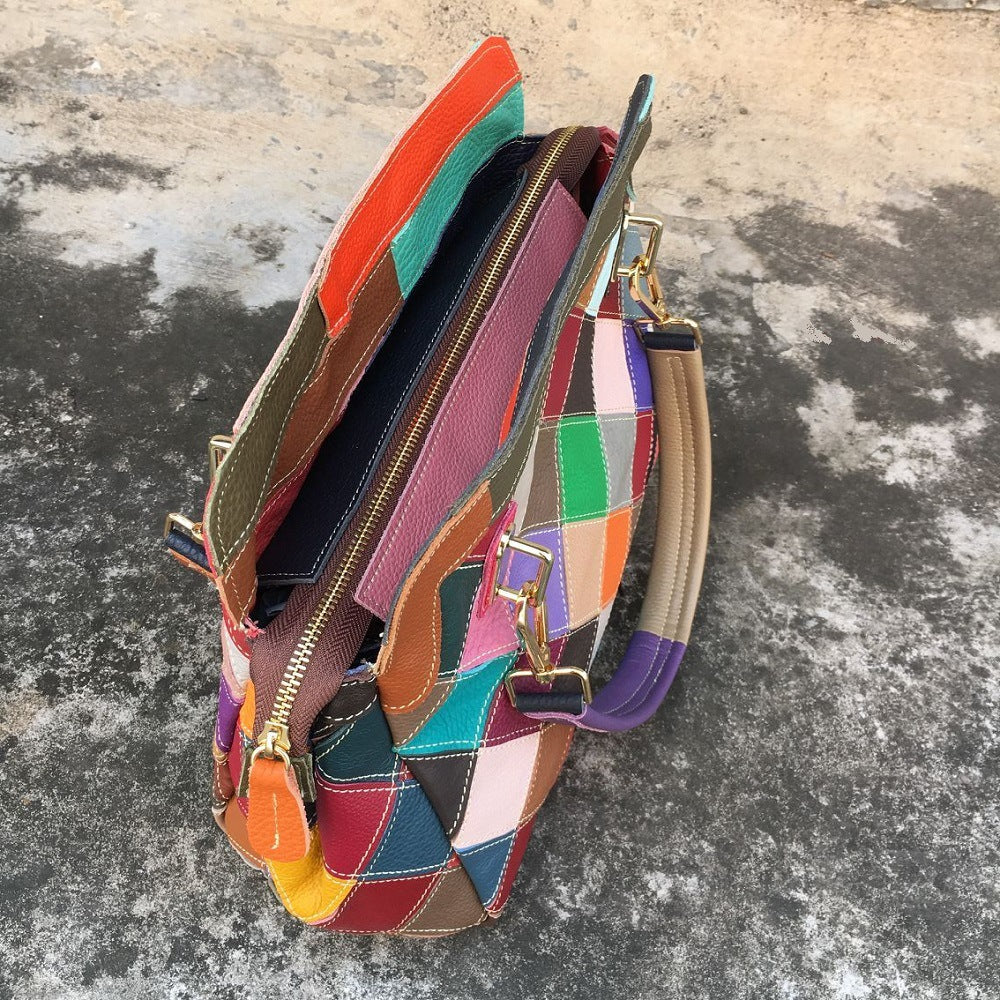 Leather color matching cow leather bag women's bag