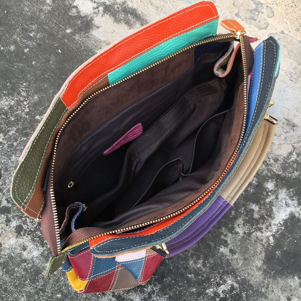 Leather color matching cow leather bag women's bag