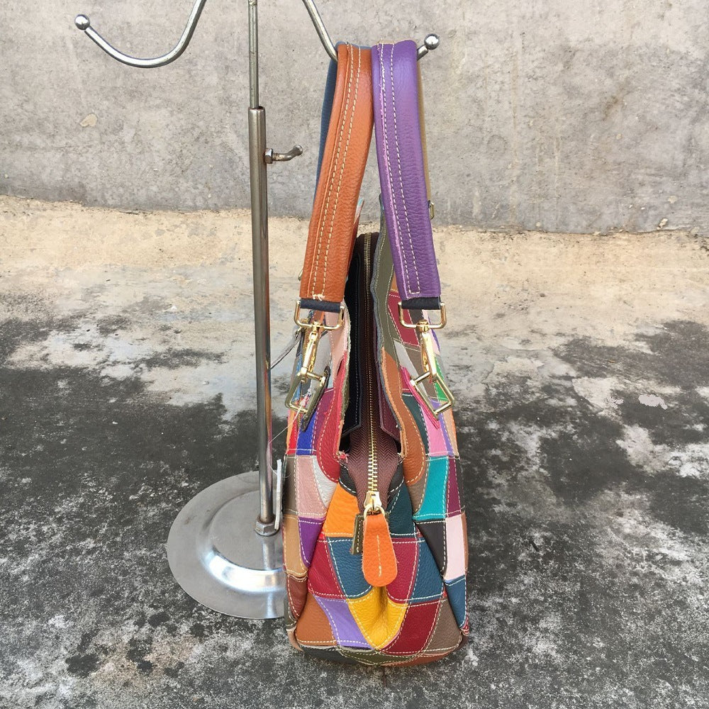 Leather color matching cow leather bag women's bag