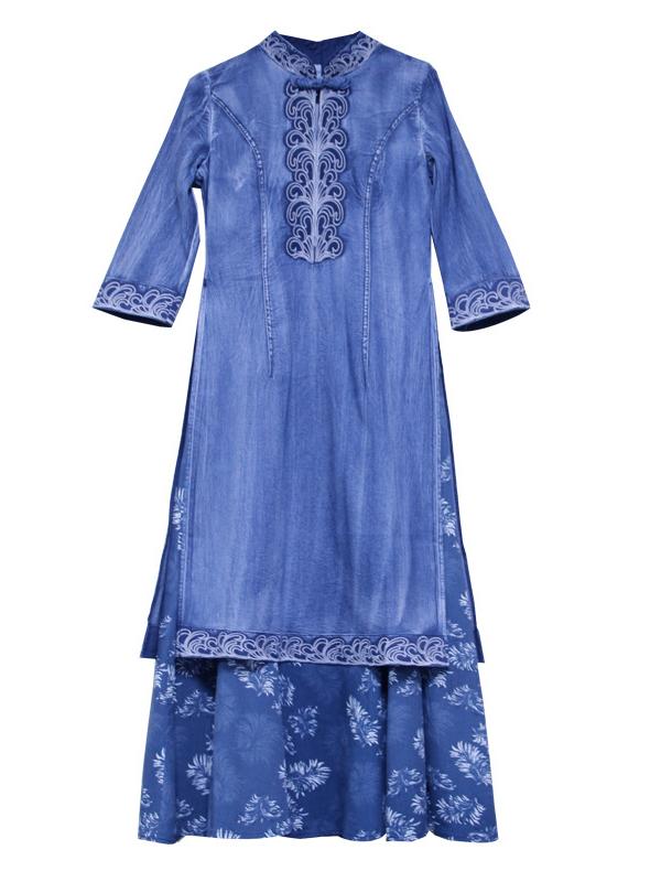 Retro Embroidered Split-joint Denim Dress