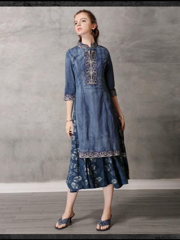 Retro Embroidered Split-joint Denim Dress