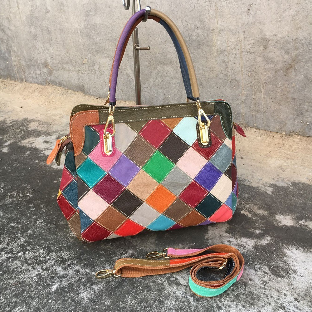 Leather color matching cow leather bag women's bag