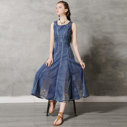 Summer new round neck vest dress retro embroidery slim denim dress