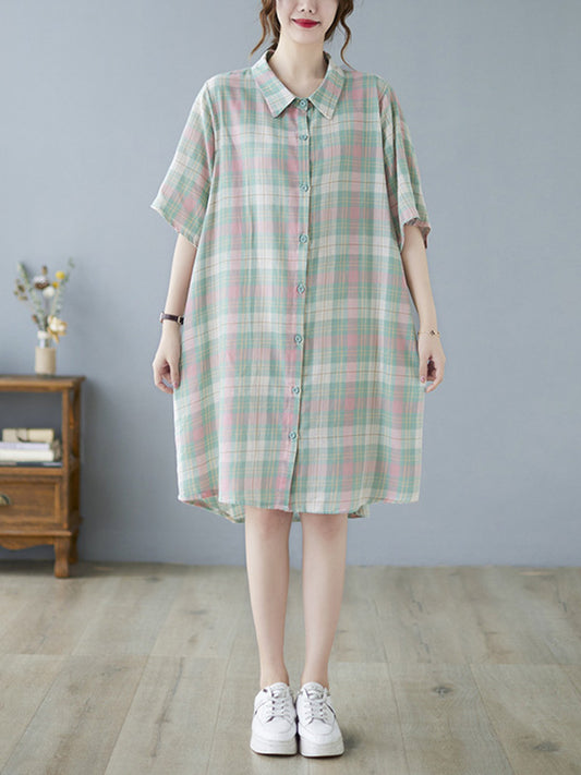 Urban Plaid Half Sleeve Lapel Shirt Dress