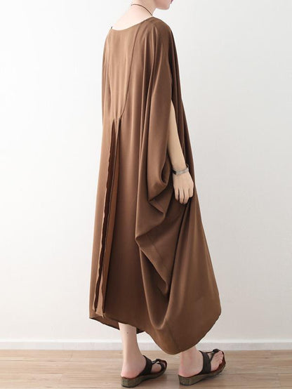 Loose Coffee Batwing Sleeves V-neck Long Dress