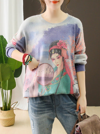 VINTAGE OPERA FIGURE PRINTED ROUND-NECK SWEATER