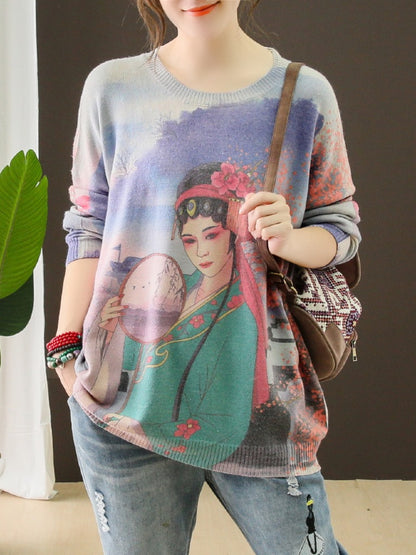 VINTAGE OPERA FIGURE PRINTED ROUND-NECK SWEATER